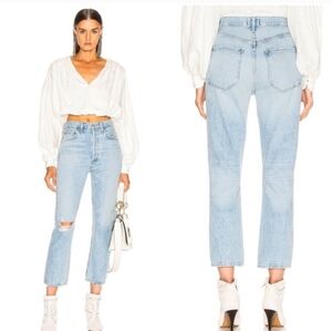 Agolde Riley High Rise Blue Straight Cropped Jeans with Distressed Knee Size 26
